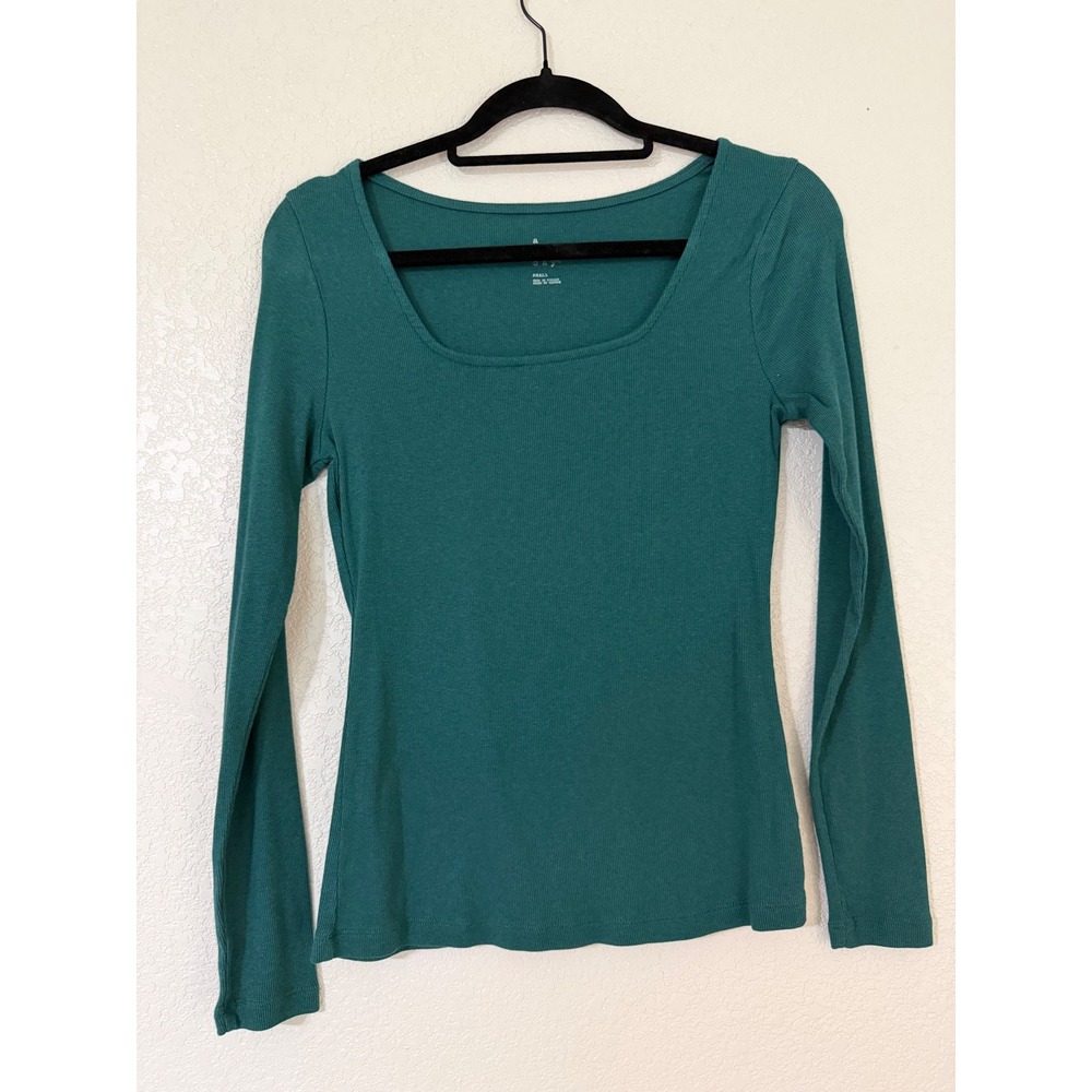A New Day Women's Teal Green Ribbed Long Sleeve Square Neck Top Small